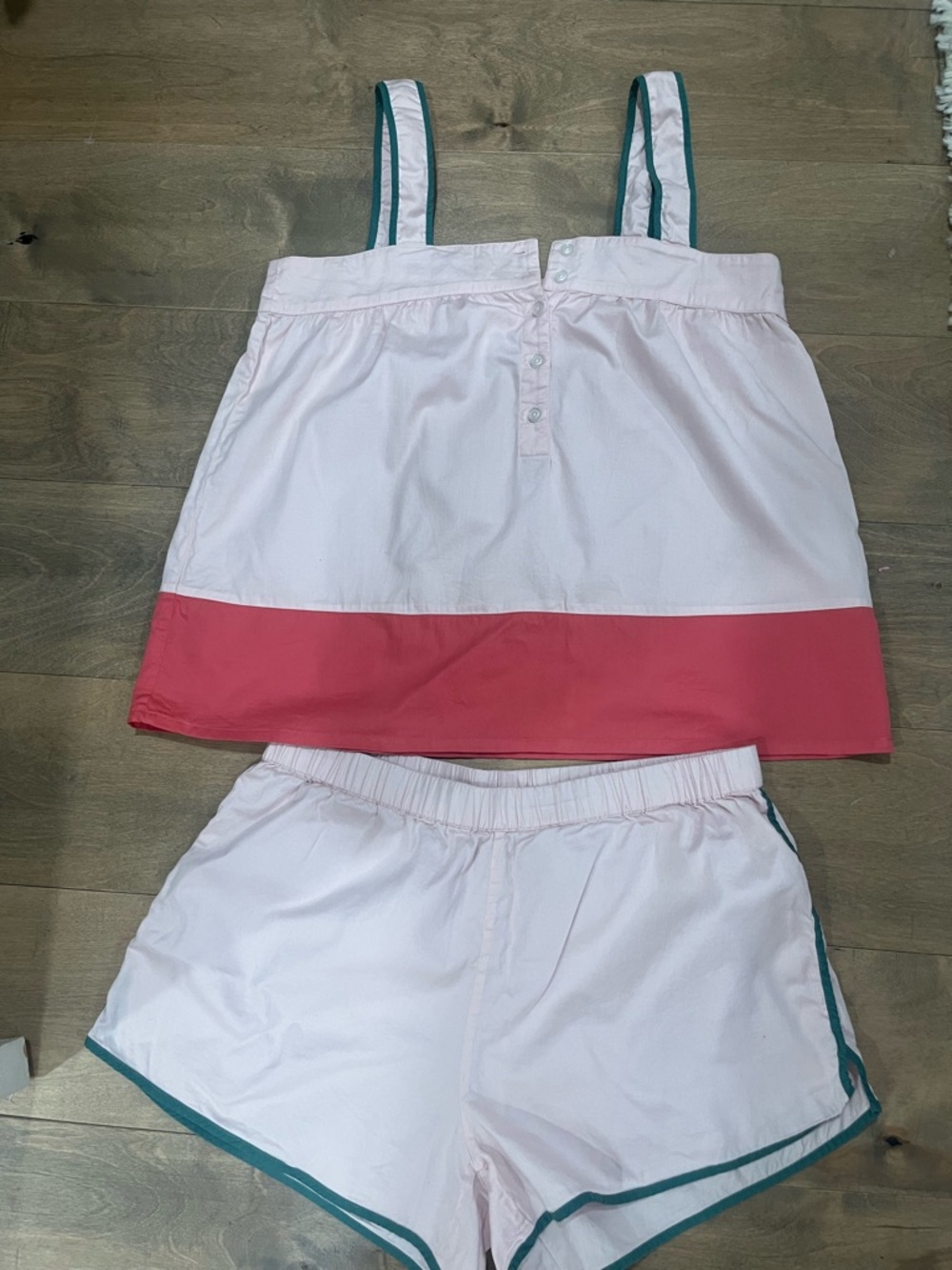 LAKE pajama set with color block of light pink and coral green trim size Medium